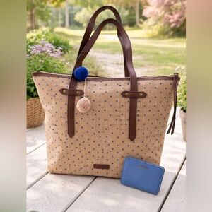 Fossil Felicity Coated canvas Polka Dot Tote Brown Leather Straps/Mini wallet